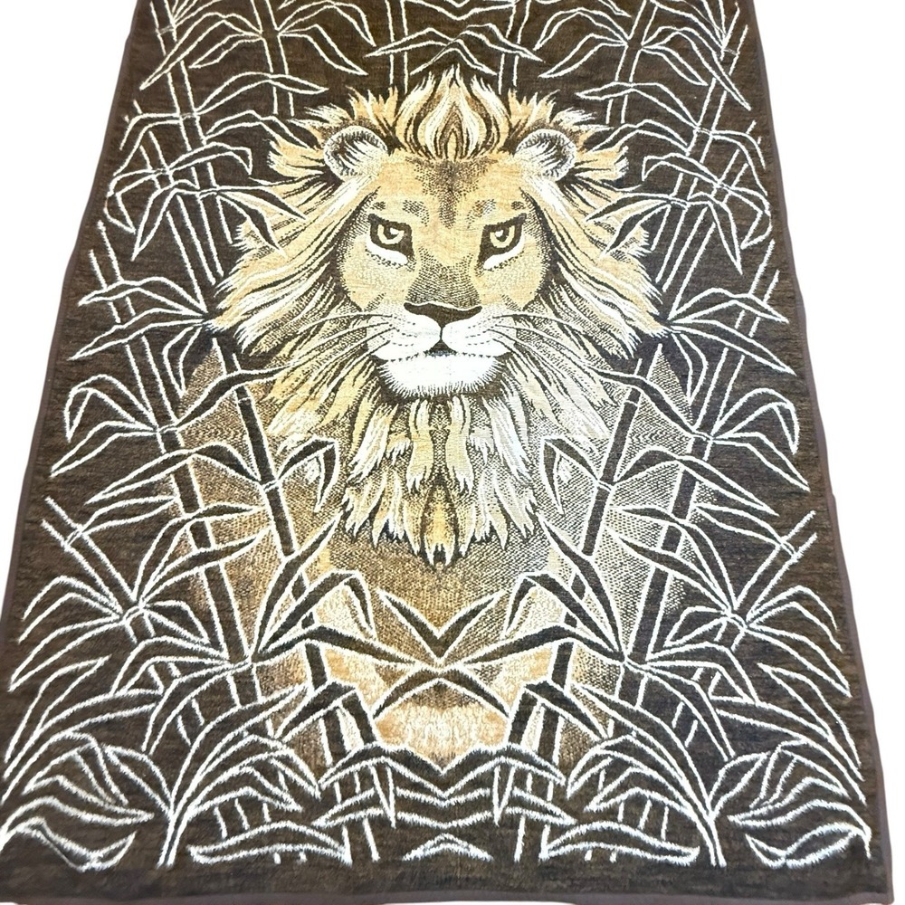 Biederlack Lion Blanket West Germany Reversible Acrilan 73x55 Brown Tan Vintage